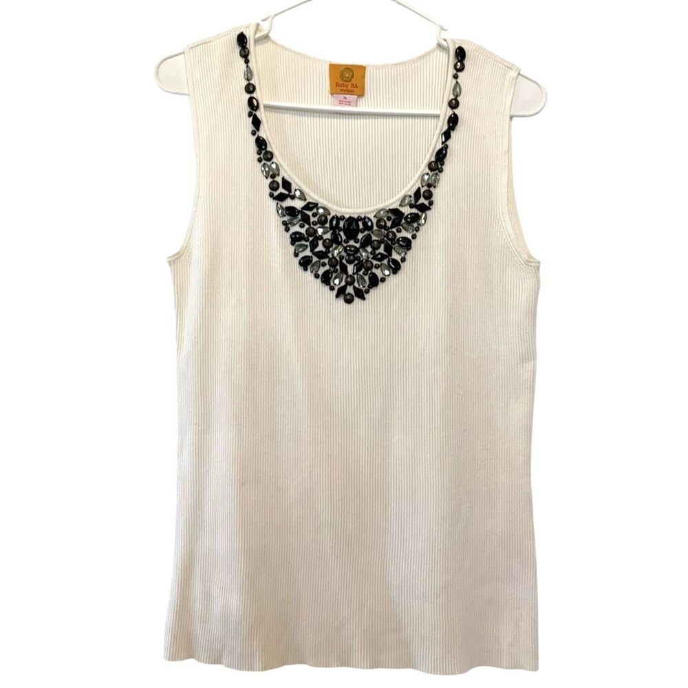 Ruby Red Knit Beaded Tank Top Womans 1X Tight knit Cream w/Black Clear Beads